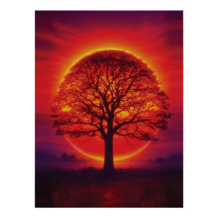 Majestic Sunset Tree Silhouette Fire Sky Poster