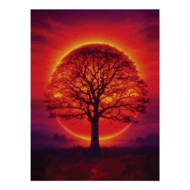 Majestic Sunset Tree Silhouette Fire Sky Poster (Front)