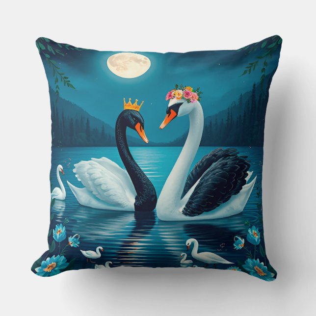 Majestic Swans Under Moonlit Sky Cushion (Front)