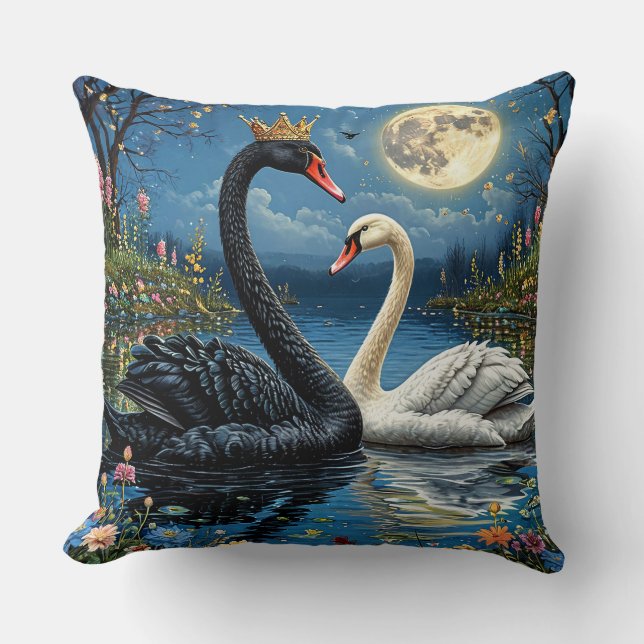 Majestic Swans Under Moonlit Sky Cushion (Front)