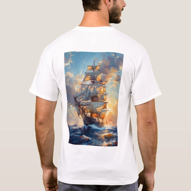 Majestic Tall Ship on the Sea Oil Painting T-Shirt (Back)