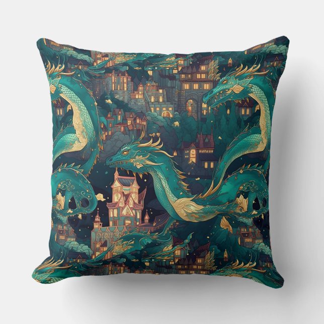 Majestic Teal Dragons and Village Cushion (Front)