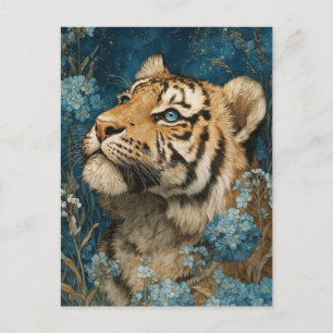 Majestic Tiger Cub in Blue Floral Garden Postcard