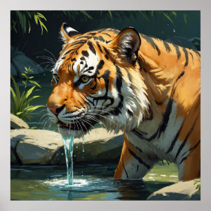 Majestic Tiger Drinking Water from River Painting Poster