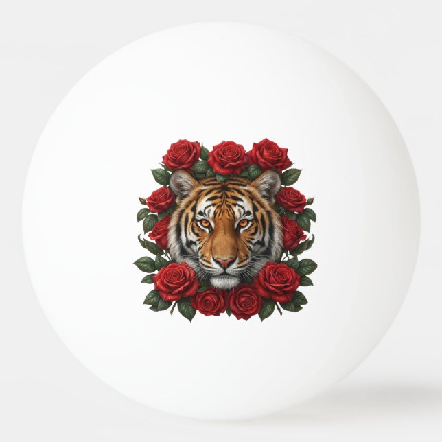 Majestic Tiger Face Red Rose Floral Wreath Ping Pong Ball (Front)