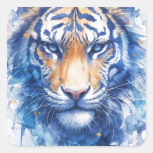 Majestic Tiger Face with Blue and Gold Watercolor Square Sticker