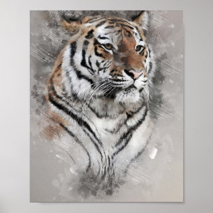 majestic tiger head face watercolor oil painting poster