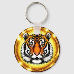 Majestic Tiger Head With Glowing Golden Lights Key Ring