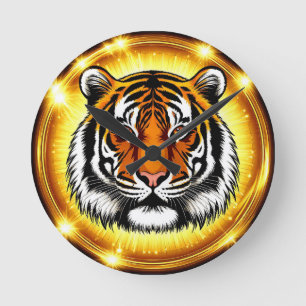 Majestic Tiger Head With Glowing Golden Lights Round Clock