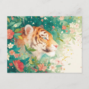 Majestic Tiger Hidden in Lush Floral Garden Postcard