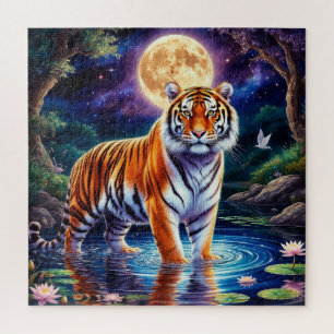 Majestic Tiger in a Moonlit Fantasy Landscape Jigsaw Puzzle