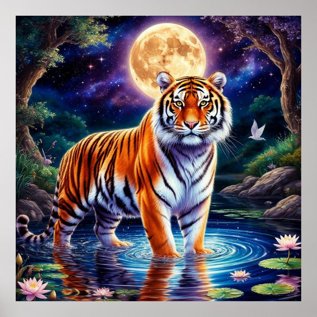 Majestic Tiger in a Moonlit Fantasy Landscape Poster (Front)