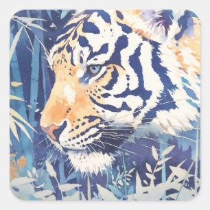 Majestic Tiger in Blue Bamboo Botanical Nature Square Sticker