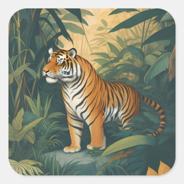 Majestic Tiger in the Jungle Elegant Wildlife Art  Square Sticker (Front)