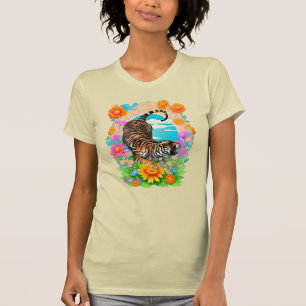 Majestic Tiger in Tropical Floral Garden Retro T-Shirt