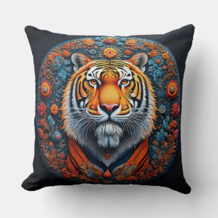 Majestic Tiger Portrait Surrounded by Flowers Cushion