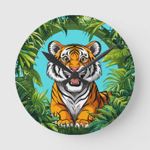 Majestic Tiger Roaring in Vibrant Jungle Round Clock