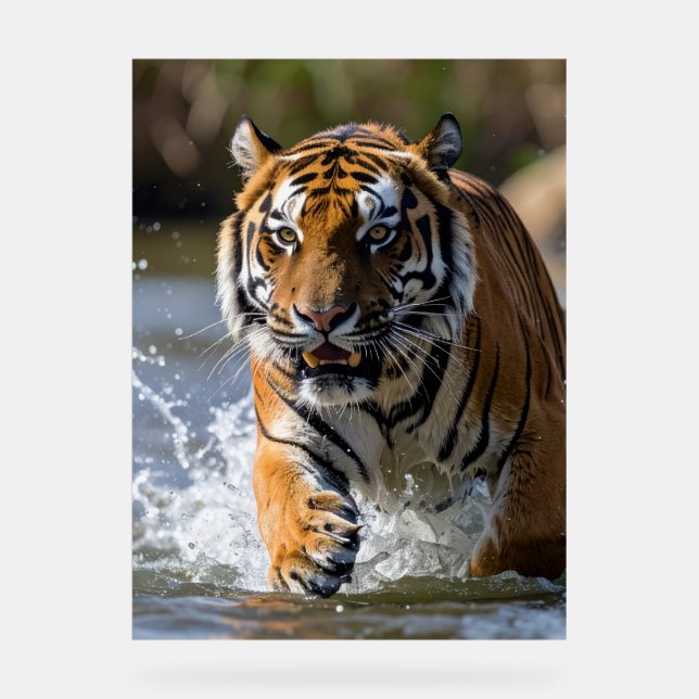 Majestic Tiger Running Through Water Acrylic Sign (Front)