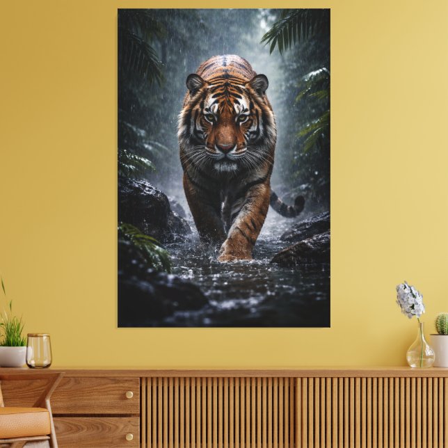 Majestic Tiger – Silent Power in the Rain Canvas Print (Insitu(LivingRoom))