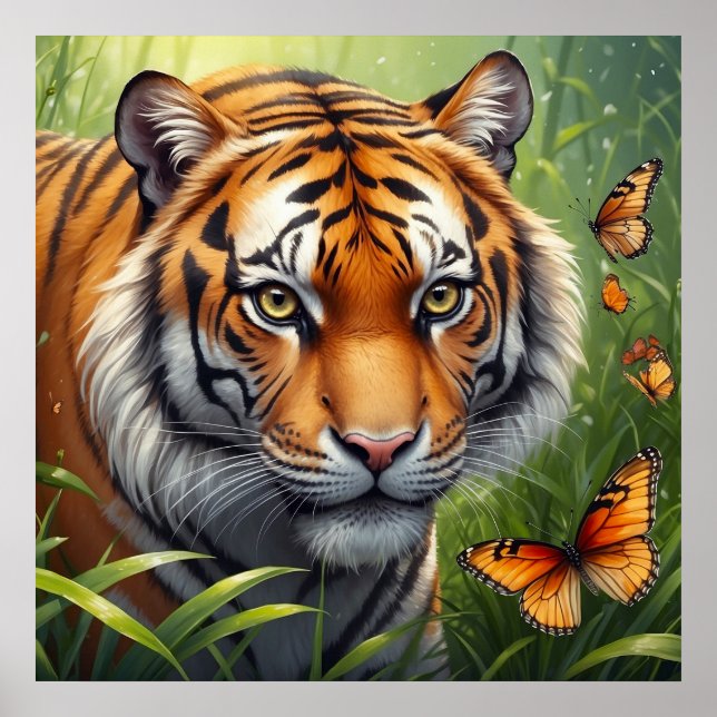 Majestic Tiger with Butterflies in Jungle Poster (Front)