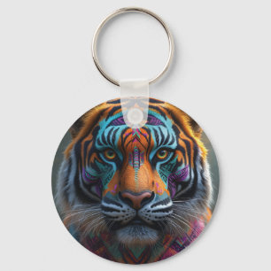 Majestic Tiger with Vibrant Tribal Face Paint Key Ring