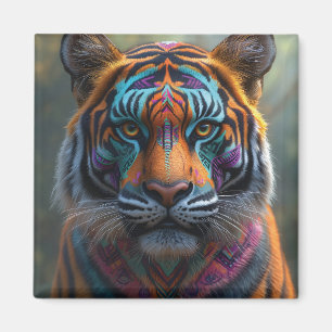 Majestic Tiger with Vibrant Tribal Face Paint Magnet