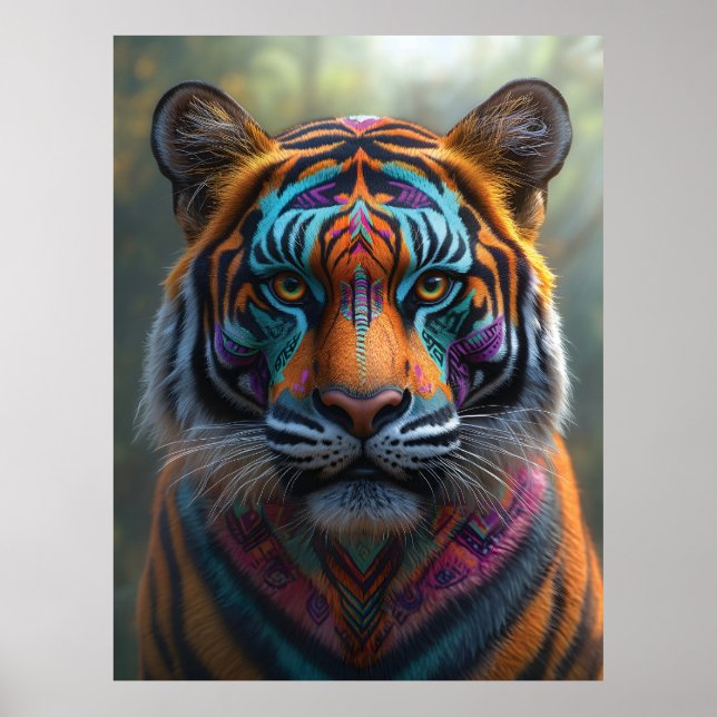 Majestic Tiger with Vibrant Tribal Face Paint Poster (Front)