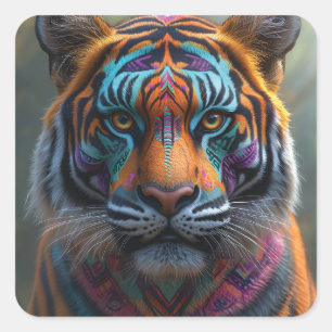 Majestic Tiger with Vibrant Tribal Face Paint Square Sticker