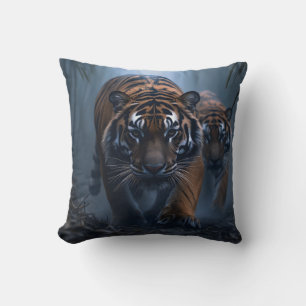 Majestic Tigers in a Foggy Jungle Cushion
