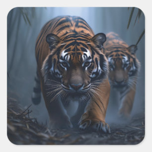 Majestic Tigers in a Foggy Jungle  Square Sticker