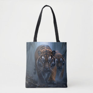 Majestic Tigers in a Foggy Jungle Tote Bag