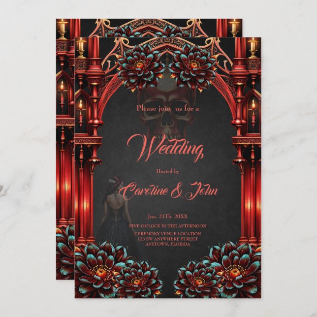 Majestic towers with dark flowers.  invitation (Front/Back)