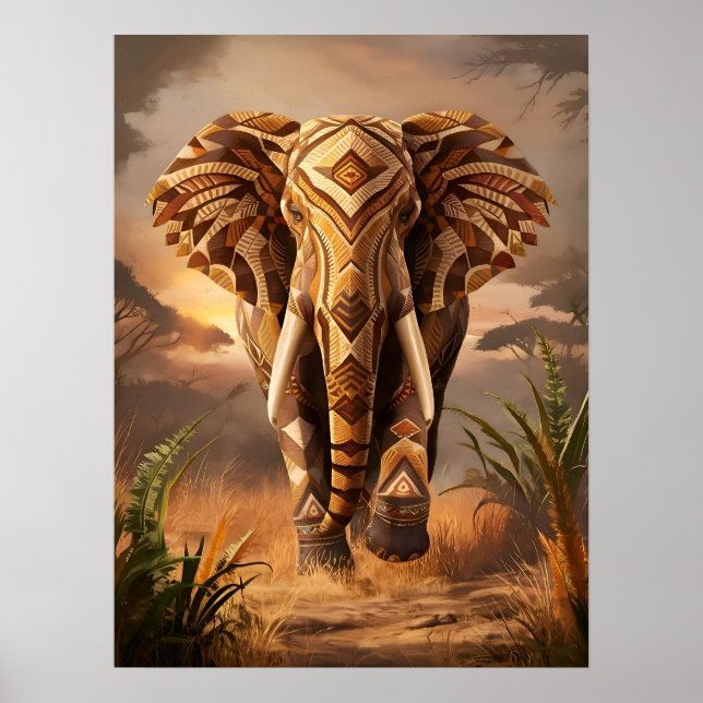 Majestic Tribal Elephant in Sunset Glow Poster (Front)