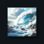 Majestic Turquoise Ocean Wave Crashing Against  Canvas Print<br><div class="desc">A breathtaking and powerful digital landscape featuring a massive turquoise wave breaking against a rugged, rocky shoreline. The intense spray of the sea foam and the dramatic lighting under a cloudy sky evoke a sense of raw natural beauty and cinematic drama. Ideal for large-scale wall art, modern coastal-themed interiors, or...</div>