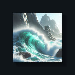 Majestic Turquoise Wave Crashing Against Dramatic  Canvas Print<br><div class="desc">A powerful and awe-inspiring digital landscape featuring a massive turquoise wave breaking against dark, jagged mountain cliffs. The intense spray of the sea foam and the high-contrast lighting evoke a sense of raw natural beauty and cinematic drama. Perfect for large-scale wall art, modern coastal interiors, or as a striking focal...</div>