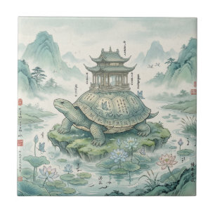 Majestic Turtle Pagoda Ink Art Tile