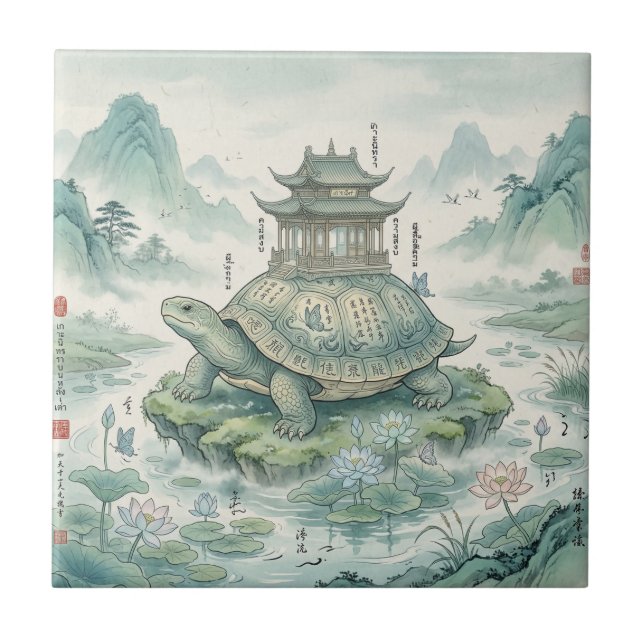 Majestic Turtle Pagoda Ink Art Tile (Front)
