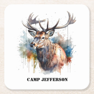 Majestic Watercolor Elk Portrait, custom Square Paper Coaster