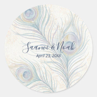 Majestic Watercolor Peacock Feather Wedding TLW26 Classic Round Sticker