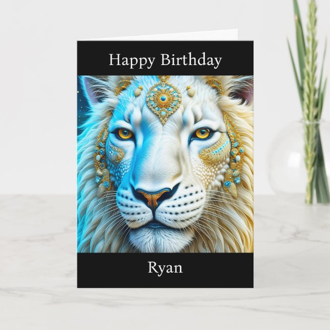 Majestic White and Gold Lion Personalised Birthday Card (Front)