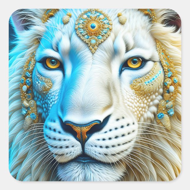 Majestic White and Gold Lion   Square Sticker (Front)