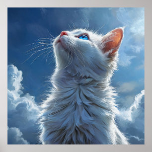 Majestic White Cat Gazing Into A Serene Blue Sky Poster