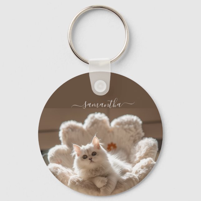 Majestic white cat lover key ring (Front)