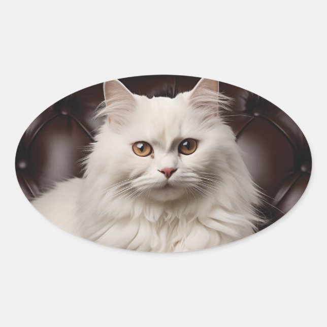 Majestic white cat oval sticker (Front)