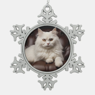 Majestic white cat snowflake pewter christmas ornament