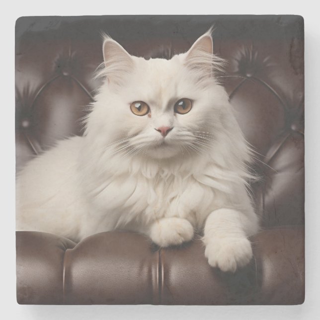 Majestic white cat stone coaster (Front)