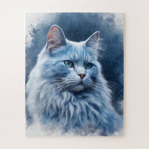 Majestic White Cat with Blue Eyes – Elegant Blue C Jigsaw Puzzle