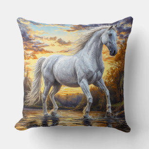 Majestic White Horse Galloping Through Water Cushion