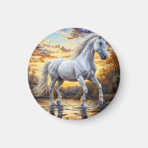 Majestic White Horse Galloping Through Water Magnet