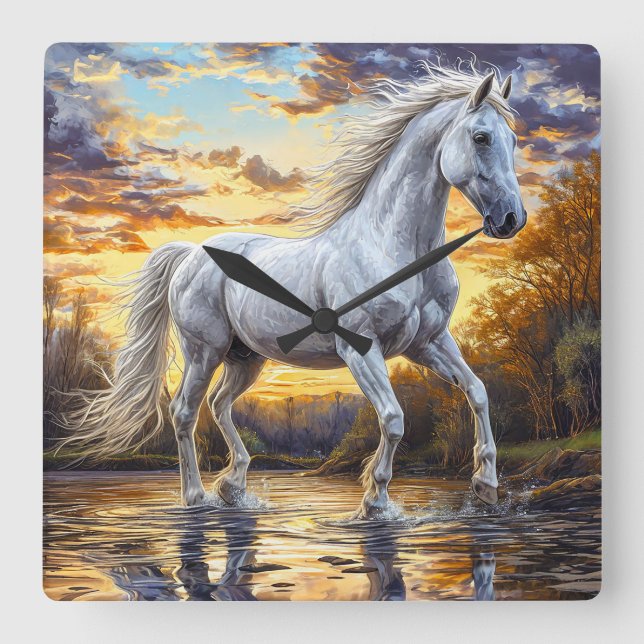 Majestic White Horse Galloping Through Water Square Wall Clock (Front)